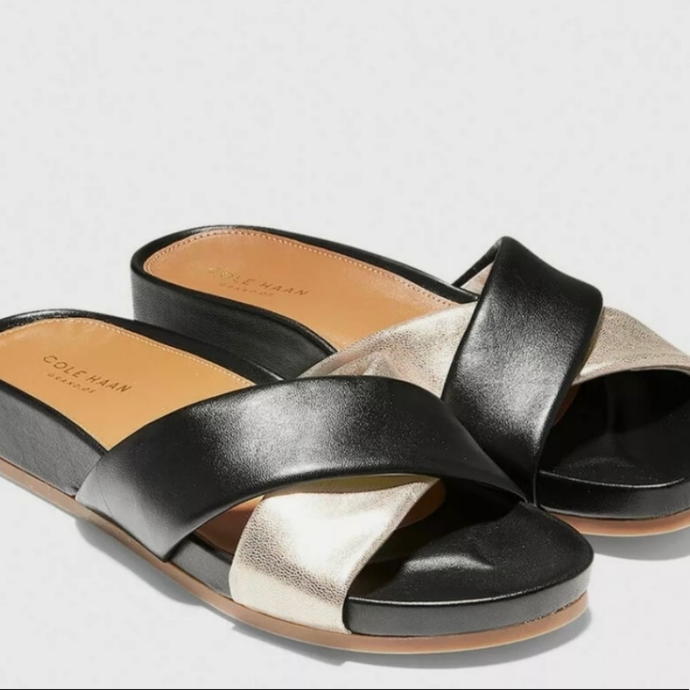 Cole Haan Airelle Black Metallic Leather Sandal.